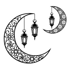 Black crescent moons with ornate patterns and hanging lanterns 1