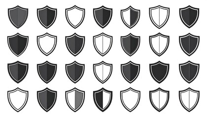 Collection of shields, varying styles, grayscale colors, and outlines
