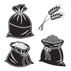 Black graphic illustration of grain bags and wheat stalks