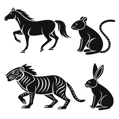 Black silhouette animals horse rat tiger rabbit on white background
