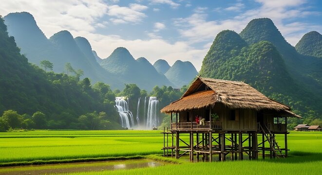 Idyllic Rural Landscape - Traditional Hut Amidst Lush Green Rice Fields. - Powered by Adobe