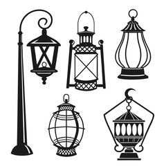 Black silhouette collection of vintage lanterns and street lamp