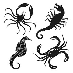 Black silhouette illustrations of scorpion seahorse and crab