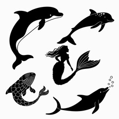Black silhouette illustrations of dolphins a mermaid and a fish