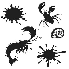 Black silhouette lobster shrimp seashell ink splatters