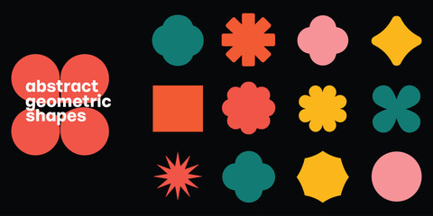 Collection of Abstract Geometric Shapes in Teal Orange Pink and Yellow on Black vector illustration