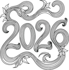 Fototapeta premium 2026 ornate calligraphic lettering with floral elements on black background year