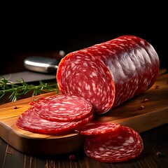 Sliced salami on wooden cutting board