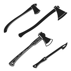 Black silhouette of axes and knife on white background
