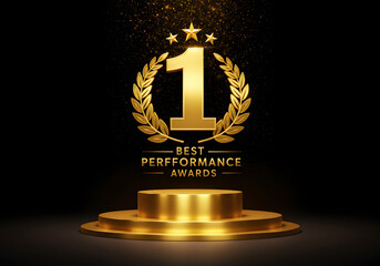 Golden Number One Award Trophy on Pedestal with Laurel Wreath and Stars