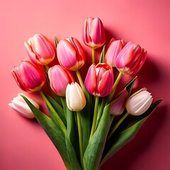 Vibrant pink and white tulips on a solid pink background