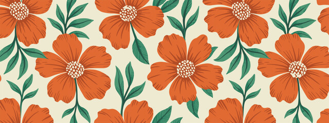 Seamless pattern of orange poppies and green leaves on a cream background floral flowers