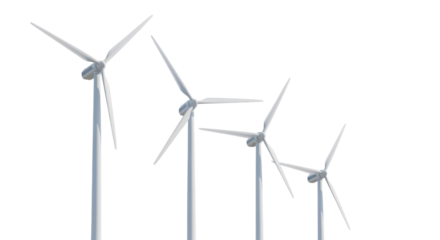 Four White Wind Turbines for Renewable Energy Isolated on White Background