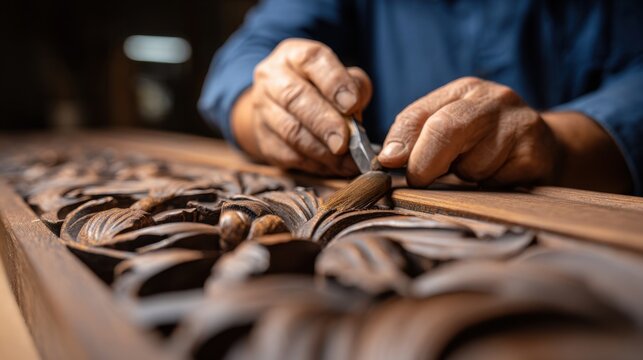 Skilled artisan meticulously carving intricate wooden design in workshop, showcasing craftsmanship and dedication