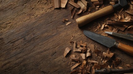 Close-up of woodworking tools on a rustic wooden surface surrounded by shavings, ideal for craftsmanship themes