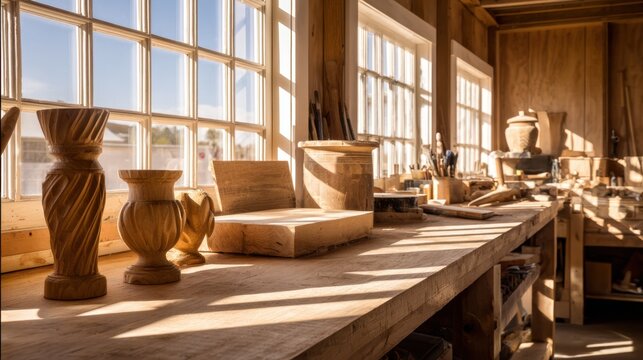 Sunlit woodworking shop showcasing handcrafted wooden vases and tools with a warm ambiance