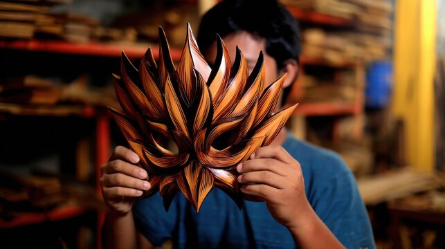 Young boy holding a handcrafted wooden mask in a workshop filled with wooden materials and tools