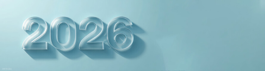 Year 2026 with Glass Effect on Blue Background.