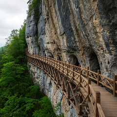 Fototapeta premium Wooden Boardwalk along Cliffside, Surrounded by Verdant Trees