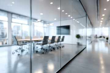 Minimalist glass office with blurred background for video conferencing
