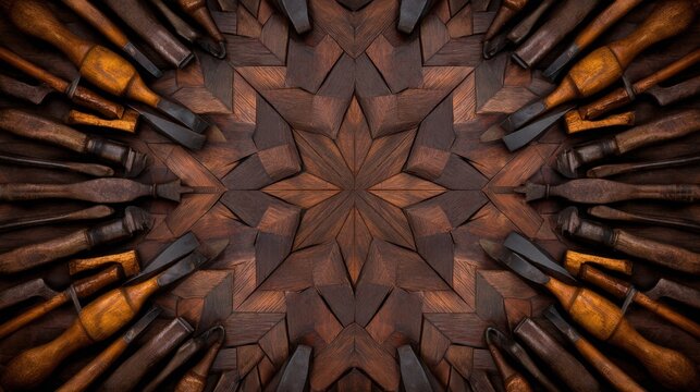 Intricate arrangement of wooden carving tools radiating from a central star pattern on a textured surface