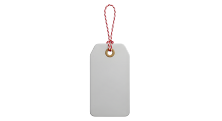 A blank white gift tag with a red and white string loop, isolated on a transparent background