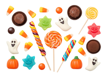 Halloween candy assortment background with lollipops chocolates and candy corn on transparent background