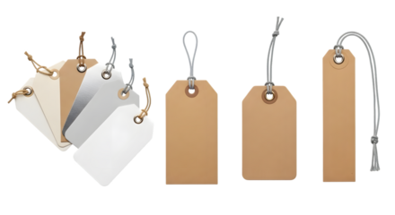 A collection of various blank paper tags and labels with strings, isolated on transparent background