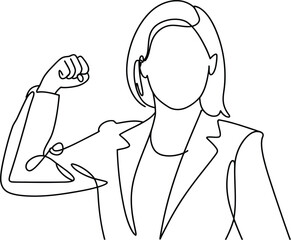 Strong businesswoman showing biceps muscle one continuous line drawing isolated on white background