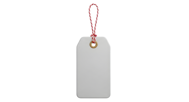 A blank white gift tag with a red and white string loop, isolated on a transparent background
