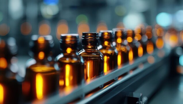 Vibrant close up of amber glass bottles on a manufacturing line