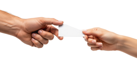 Man passing blank business card to woman isolated PNG with Transparent Background