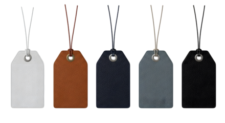 Five blank price tags in different colors including white, brown, navy, grey, and black, isolated on transparent background