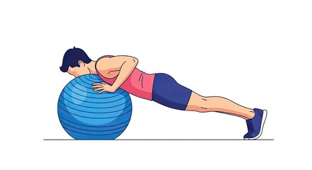 Athletic woman performing an incline push up on a blue stability ball for core strength.