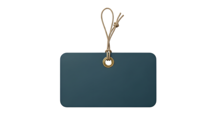 A dark teal rectangular tag with rounded corners, a brass grommet, and a jute string, isolated on transparent background