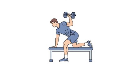 Dumbbell Exercise Illustration - Man Performing One-Arm Dumbbell Row on Bench.