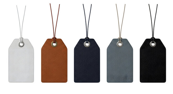 Five blank price tags in different colors including white, brown, navy, grey, and black, isolated on transparent background