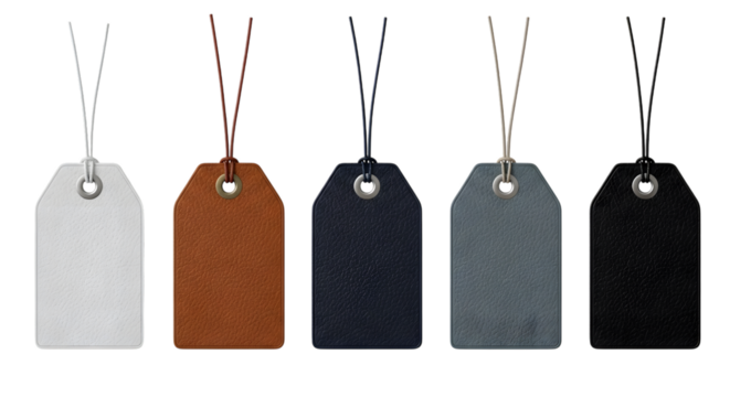 Five blank price tags in different colors including white, brown, navy, grey, and black, isolated on transparent background