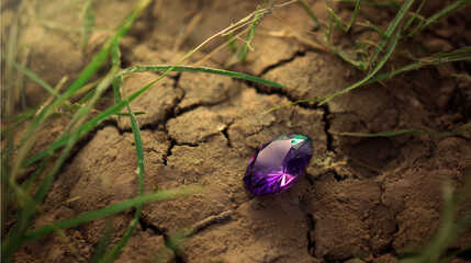 Gemstone on Earth's Embrace: A radiant gemstone rests gently on the rough, textured earth. It captures the play of light with alluring brilliance and mystery. 