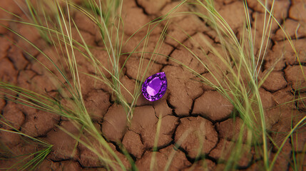 The Jewel's Earthly Embrace: An exquisite, violet gem rests amidst a textured, earthy terrain, interwoven with delicate blades of grass, creating a captivating contrast of the natural and the refined.