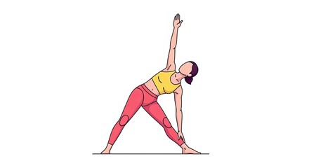 Hand drawn colorful illustration of a woman in Trikonasana yoga pose.