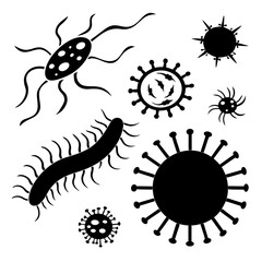 Black silhouette viruses and bacteria on white background