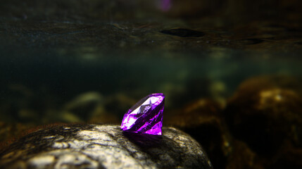 Sparkling Gem Underwater: The mesmerizing sparkle of a vibrant, faceted gem beneath the tranquil surface of a clear river. Capturing the allure and intrigue of hidden treasure.