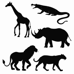 Black silhouettes of African safari animals on white background