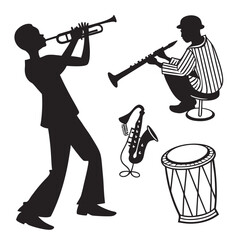 Naklejka premium Black silhouettes of musicians playing instruments and percussion