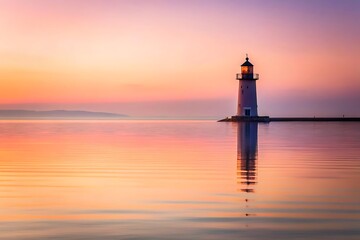 Serene lighthouse standing tall on a calm ocean reflecting the vibrant colors of a breathtaking sunset