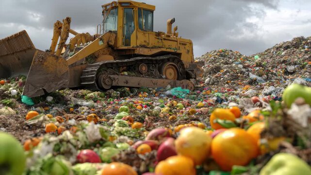 Closeup view of a bulldozer pushing a large mound of organic waste at a landfill site during overcast weather in an urban area