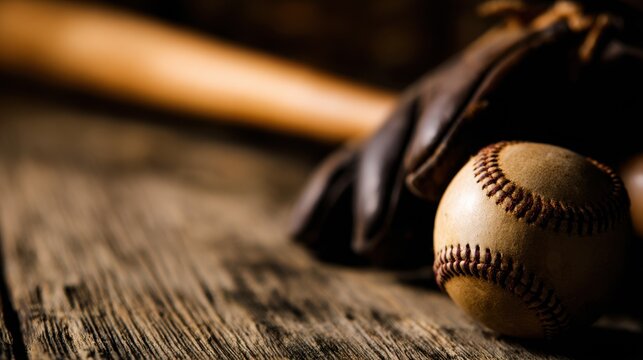Close-up of a baseball and glove resting on a rustic wooden surface, evoking a nostalgic sports atmosphere