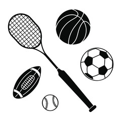 Black Sports Equipment Collection on White Background
