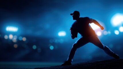 Silhouette of a baseball pitcher preparing to throw under stadium lights at night, showcasing athleticism